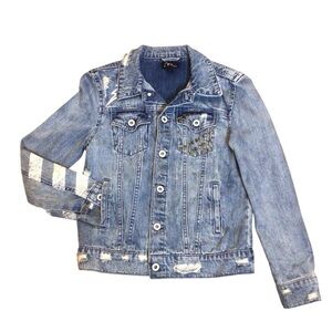 Art Class Girls Denim Trucker Jacket Medium 8/10 Distressed Guitar Painted